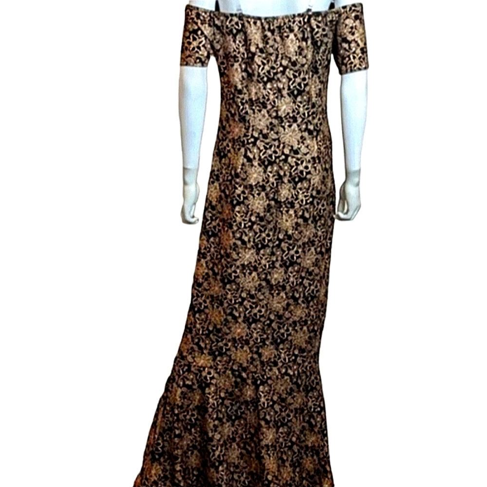 Floral Sequin Off Shoulder Fit & Flare Black Maxi Dress